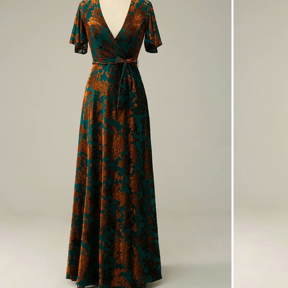Zapaka Burnout Dark Green Floor Length Dress
